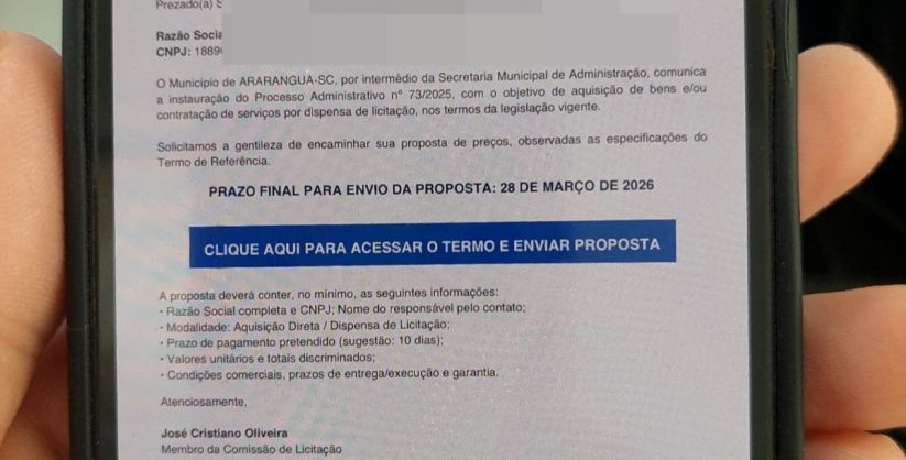 Prefeitura de Araranguá alerta para notificações falsas em nome da Licitação