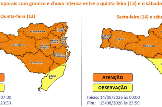 Santa Catarina tem risco de temporais com granizo e chuva intensa nos próximos dias