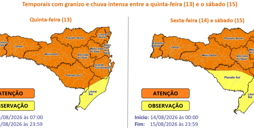 Santa Catarina tem risco de temporais com granizo e chuva intensa nos próximos dias