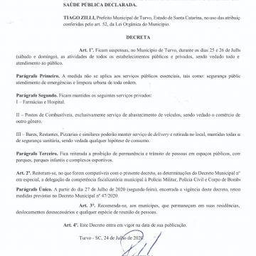 Prefeitura de Turvo divulga novo decreto